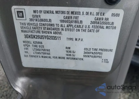 2000 GMC Yukon Xl 2500 Slt z USA, uszkodzony, nr VIN 3GKGK26U5YG203511